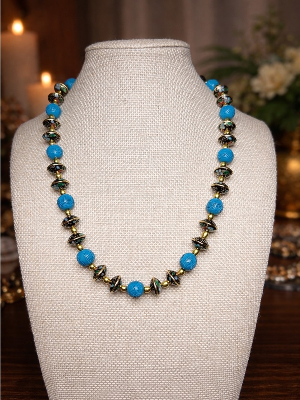 Blue Cinnabar & Cloisonné Necklace 18’ ✨